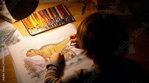 Creative Child: Focused young artist absorbed in the world of imagination as he illustrates detailed dinosaur, bringing the ancient giant to life with vibrant colors, illuminated by a warm lamp light