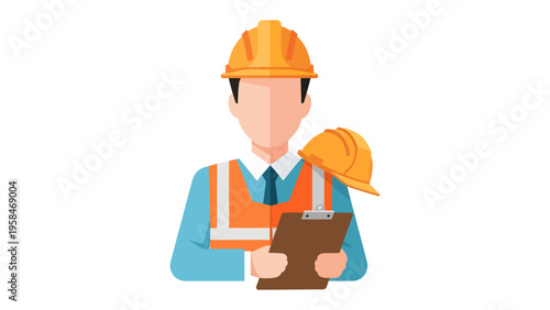 Construction Worker at Work: A construction worker in a hard hat and safety vest, holding a clipboard, ready to oversee project