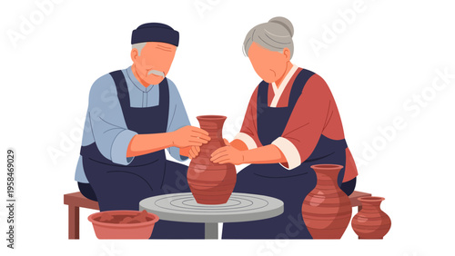 Artisans at Work: A seasoned duo dedicates themselves to the pottery, their hands carefully shaping clay into elegant ceramic forms in a workshop, capturing the tranquility and focus of craftmanship.