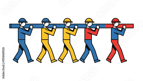 Teamwork in Construction: Five construction workers collaboratively carry a long beam, exemplifying unity, coordination, and shared effort in a construction or engineering project.