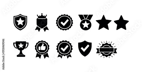 Collection of black award and recognition icons including trophies, medals, and badges