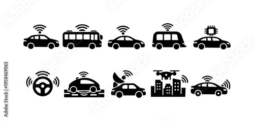 Collection of autonomous vehicle and smart transportation icons representing future mobility