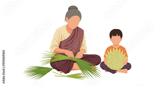 Cultural Weaving: An illustration of a woman teaching a child the traditional art of weaving, showcasing heritage.