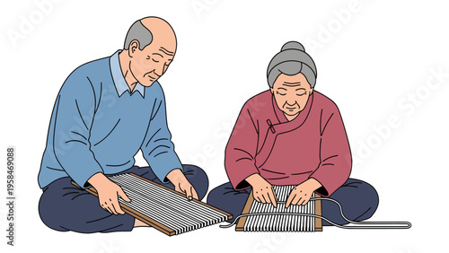Weaving Wisdom: An elderly couple, hands intertwined with the craft of textile, absorbed in the art of weaving. Capturing timelessness, experience and cultural heritage.