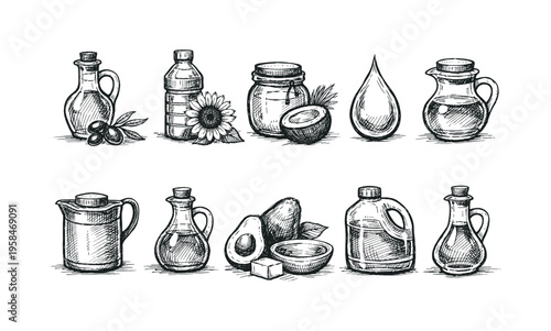 Collection of various oils and ingredients in hand-drawn sketch style