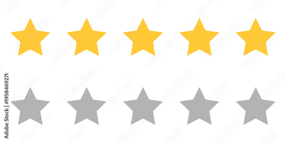 Obraz premium Set of Five Solid Yellow and Grey Star Rating Icons on White Background