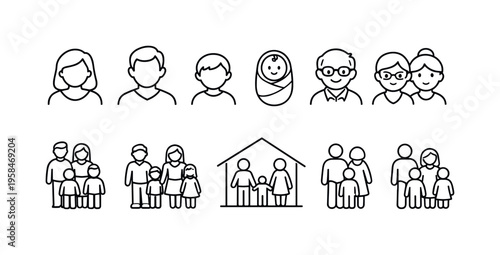 Diverse family unit icons representing different generations and household compositions