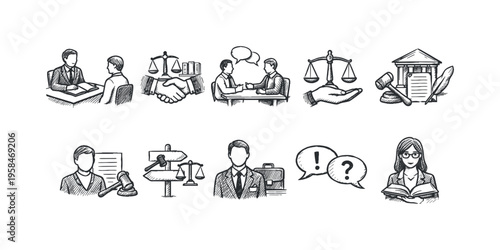 Collection of hand-drawn legal and justice icons representing law and order concepts