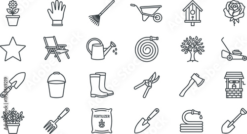 Gardening Tools Line Icon Set with Shovel Rake Wheelbarrow Watering Can Gloves Boots Hose Plants and Garden Equipment Outline Symbols for Landscape Design Projects