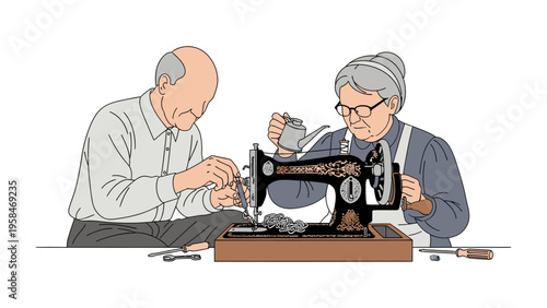 Restoring the Past: An elderly couple meticulously repairs a vintage sewing machine, their focused expressions a testament to dedication and enduring craft.