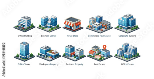 Collection of isometric commercial and residential buildings for real estate concepts