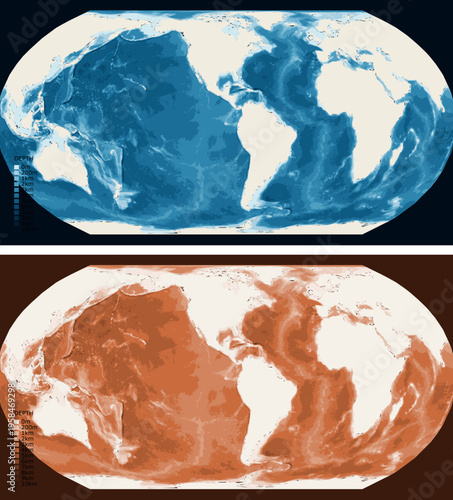 World Americas Centered Bathymetric Ocean Depth Map - Equal Earth Projection - Scalable Multi-Color Seafloor Relief Topography with Depth Legend Showing Continental Shelves Mid-Ocean Ridges and