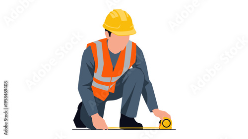 Construction Worker and Measure Tape: A construction worker kneels, meticulously using a measure tape to gauge dimensions with precision and care, symbolizing craftsmanship and accuracy.