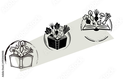 Cookbook logos and recipe book icons set with fresh vegetables suitable for culinary branding, healthy eating blogs, and organic food restaurant identity design