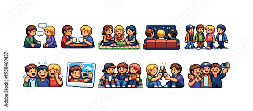 Pixel art collection of friends enjoying various social activities together