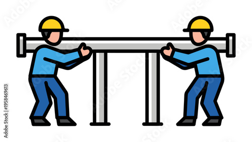 Collaborative Construction: A team of construction workers is meticulously carrying a structural beam in a display of coordinated effort and teamwork.