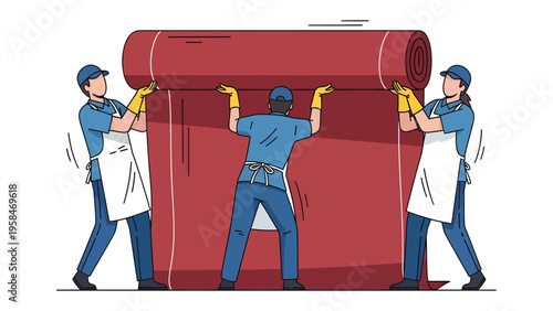 Team Rolling Carpet Together: A skilled team of worker collaborates to roll a large red carpet, showcasing teamwork and the importance of every person toward efficient operation.