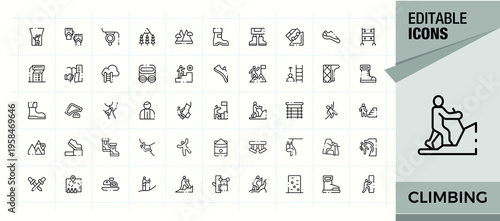 Set of Climbing line icon. Contains such icons as mountain, camp, activity, camping, adventure and more. Icons for UI designs. Adventure line icon set. Editable stroke. Vector illustration.