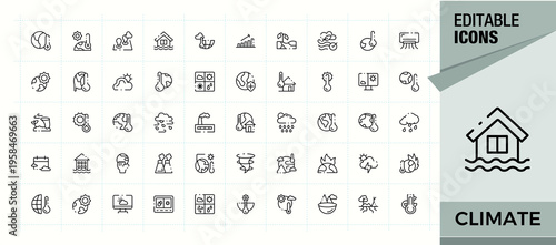 Set of Climate line icon. Contains outline symbols like environment, green, earth, ecology, global. Minimalist icons collection. Eco related icon set. Editable vector.