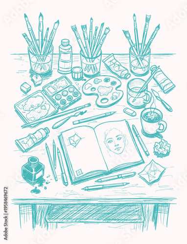 Art supplies and tools on a messy artist's desk, hand-drawn vector illustration of a creative workspace with paints, brushes, and sketchbook