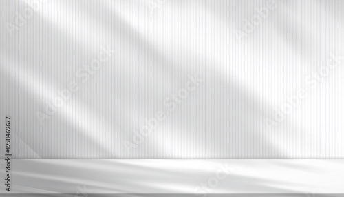White wall interior background with corrugated panel texture,Soft leaves shadow light and halftone effect,3d vector empty space wallpaper for product display,Minimal modern mockup backdrop
