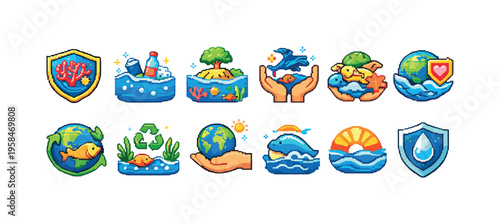 Pixel art icons representing environmental protection and ocean conservation efforts