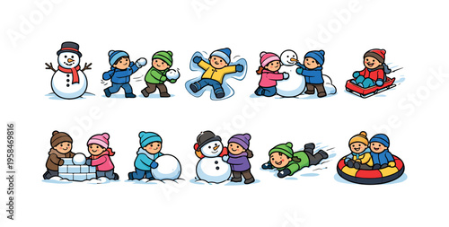 Children enjoying various winter activities like building snowmen and sledding