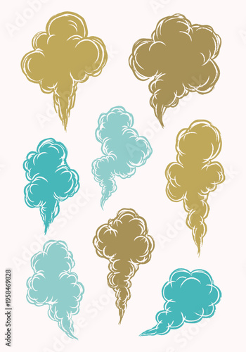 Collection of hand-drawn vector smoke and steam cloud illustrations in a comic book style, featuring various shapes and colors