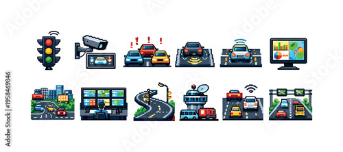 Pixel art icons depicting smart city traffic management and autonomous vehicles