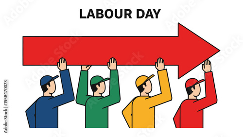 Labor Day Collaboration: A diverse group of people, symbolizing workers, unites to lift a large red arrow, representing the forward direction and progress associated with Labor Day.