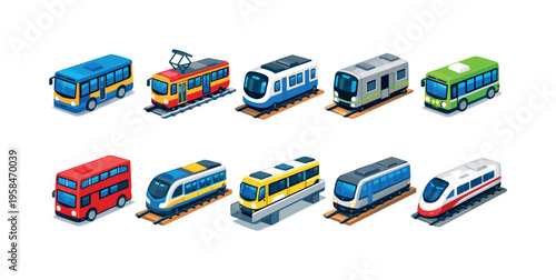 Collection of colorful isometric public transportation vehicles including buses and trains