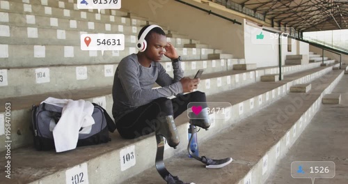 Animation of notification bars,african american athlete listening to music and using smartphone