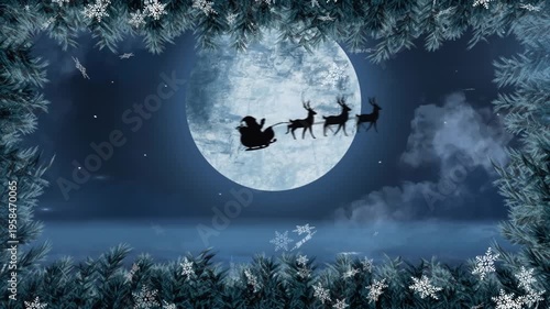 Animation of snowflakes over silhouette of santa claus in sleigh pulled by reindeers against moon