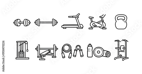 Collection of simple line art icons representing various gym equipment and fitness accessories