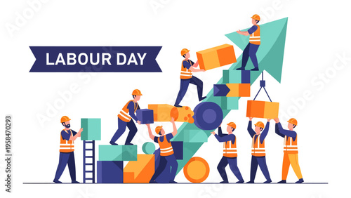 Labor Day and the Ascent: Celebrate Labor Day with an artistic representation of industrious laborers collaboratively building an upward trajectory, symbolizing progress, effort.