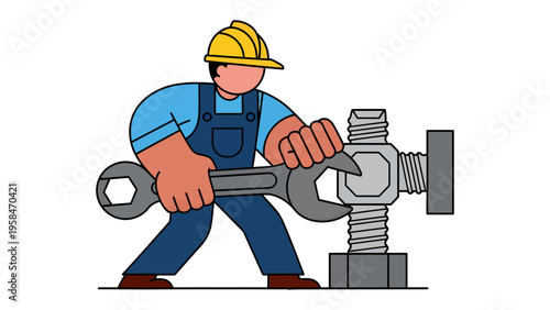 Engineer at Work: An engineer, hard hat firmly in place, is focused on tightening a large bolt with a wrench, emphasizing precision and the essence of engineering.