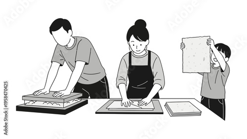 Paper Making Process: A scene of individuals diligently crafting paper, immersed in the traditional art of papermaking, carefully handling tools to transform raw materials into beautiful sheets.