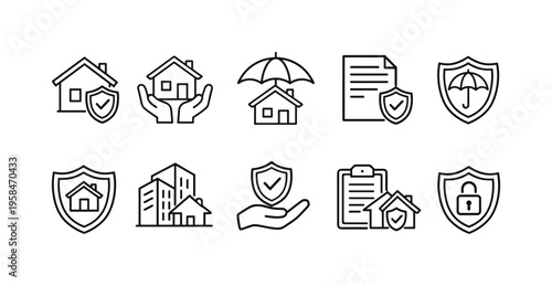 Collection of line icons representing home insurance and property protection services