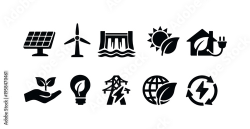 Collection of renewable energy and sustainability icons on a white background