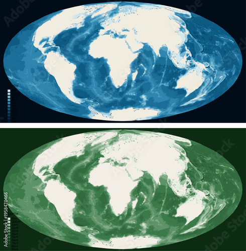 World Atlantic Centered Bathymetric Ocean Depth Map - Hammer Projection - Scalable Multi-Color Seafloor Relief Topography with Depth Legend Showing Continental Shelves Mid-Ocean Ridges and Abyssal