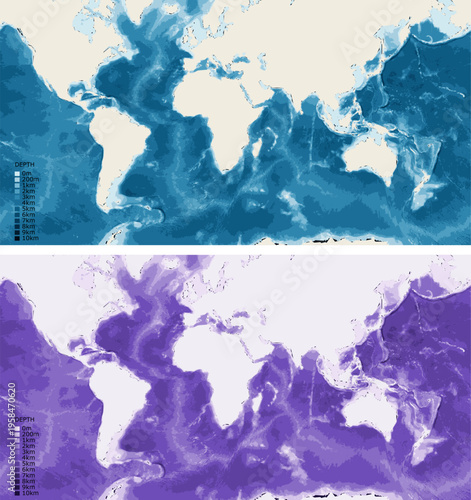 World Atlantic Centered Bathymetric Ocean Depth Map - Mercator Projection - Scalable Multi-Color Seafloor Relief Topography with Depth Legend Showing Continental Shelves Mid-Ocean Ridges and Abyssal