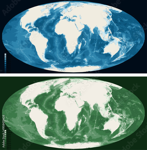 World Atlantic Centered Bathymetric Ocean Depth Map - Mollweide Projection - Scalable Multi-Color Seafloor Relief Topography with Depth Legend Showing Continental Shelves Mid-Ocean Ridges and Abyssal