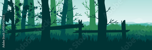 Panoramic green dead forest silhouette background for environmental nature campaign