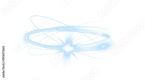 Cyan glowing orbital light trails swirl with star flash effect isolated on dark background abstract futuristic energy motion design.