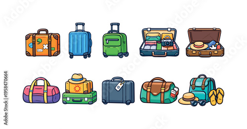 Collection of colorful cartoon luggage and travel accessories for vacation