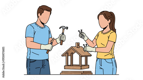 Crafting Together: A person and a woman work on crafting a birdhouse. With tools in hand, they bring a creative project to life.