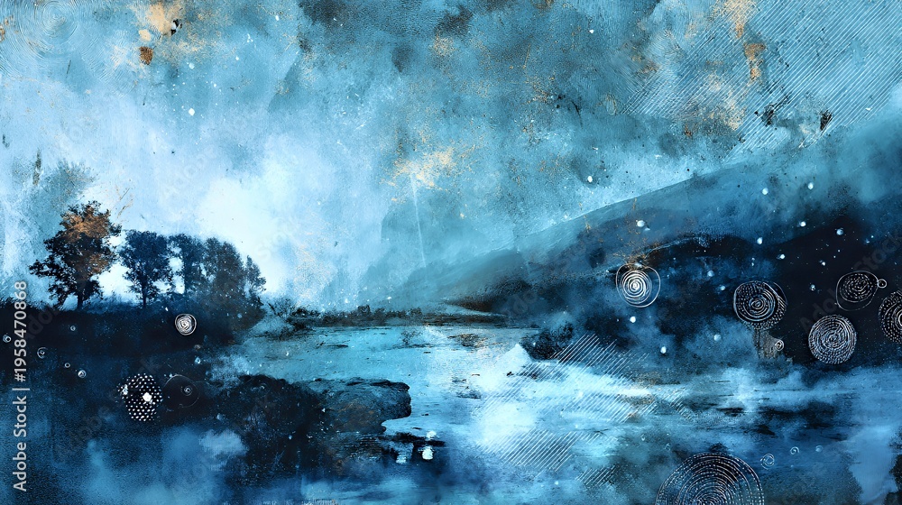 Obraz premium Azure Whispers: Abstract Blue Landscape with Gold Spirals and Misty Waters