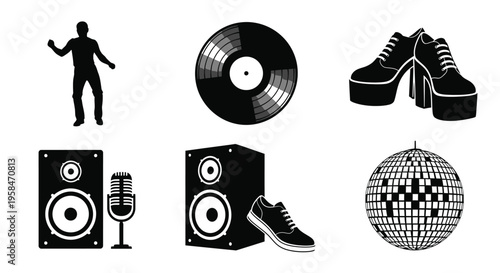 Black silhouettes of a dancer vinyl record speakers and disco elements