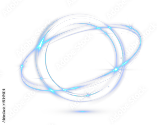 Blue glowing orbital light ring swirl effect isolated on dark background abstract futuristic energy motion design.
