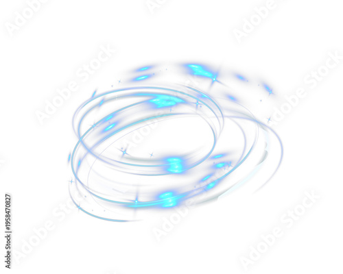 Blue glowing spiral light trail swirl energy effect isolated on dark background abstract futuristic motion design.